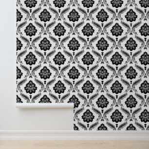 Papier Peint Motif Damassé Rococo Gris Noir Blanc