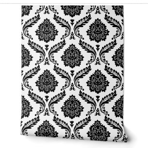 Papier Peint Motif Damassé Rococo Noir sur Blanc