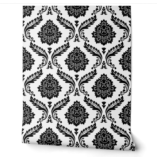 Papier Peint Motif Damassé Rococo Noir sur Blanc (Déroulement)