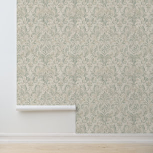 Papier Peint Motif damassé vintage en vert sauge et beige