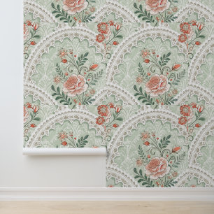 Papier Peint Motif d'arche romantique aux roses menthe vintage