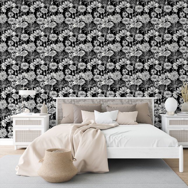 Papier Peint Motif D'Art Floral Noir Et Blanc (Créateur téléchargé)