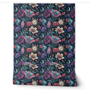 Papier Peint Motif d'art nocturne à l'horloge vintage et floral