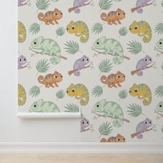 Papier Peint Motif de caméléon pastel mignon - Reptile dessiné