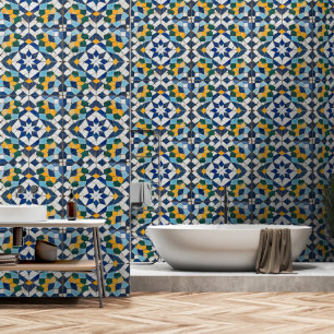 Papier Peint Motif de carreaux bleus complexes