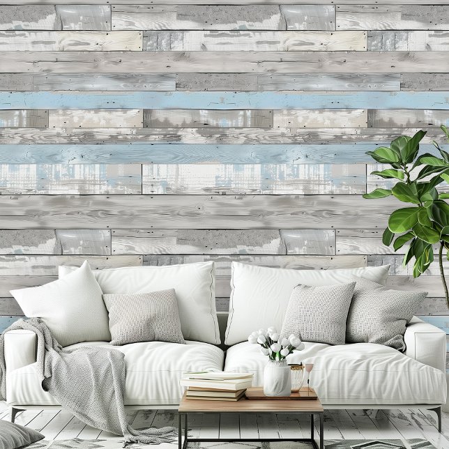 Papier Peint Motif de chambre en bois clair gris clair (Distressed Beachwood Light Blue Gray Room Office Wallpaper)