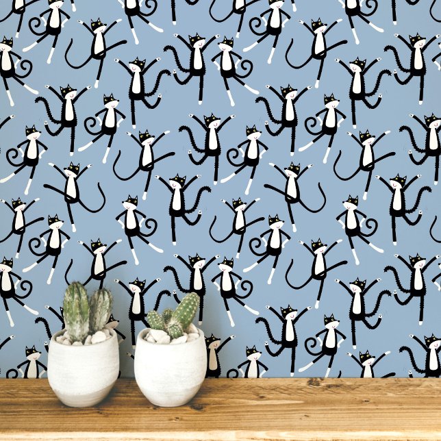 Papier Peint Motif de chat dansant bleu (Fun black and white tuxedo cat pattern blue peel and stick art wallpaper)