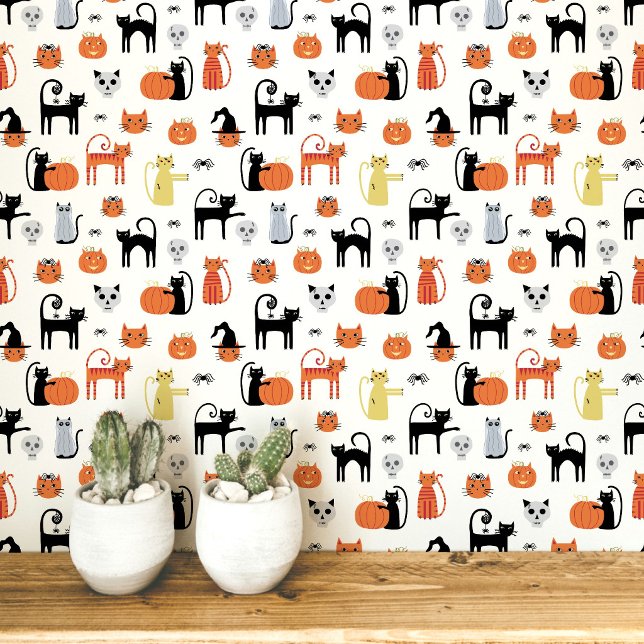 Papier Peint Motif de chats d'Halloween (Fun Halloween black and orange cats, pumpkins, witches, zombies and skulls peel and stick wallpaper)