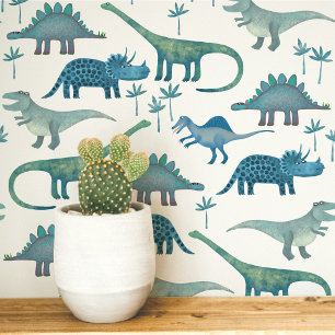 Papier Peint Motif de dinosaure amusant bleu blanc pour enfants