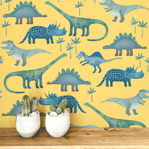 Papier Peint Motif de dinosaure amusant bleu jaune