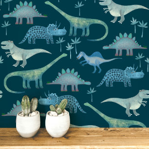 Papier Peint Motif de dinosaure amusant vert sarcelle