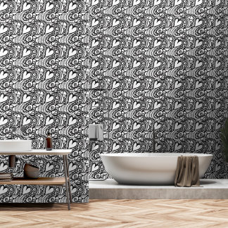 Papier Peint Motif de doodle Abstrait au coeur blanc et noir