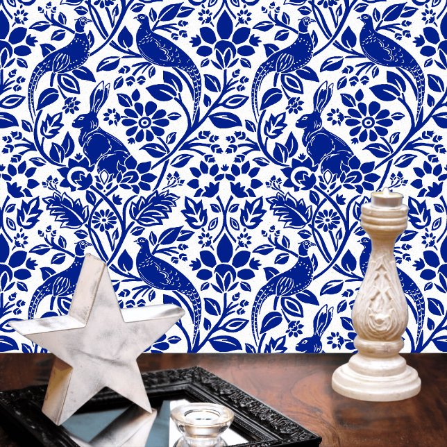 Papier Peint Motif de faisan et lièvre, blanc et bleu foncé (Créateur téléchargé)
