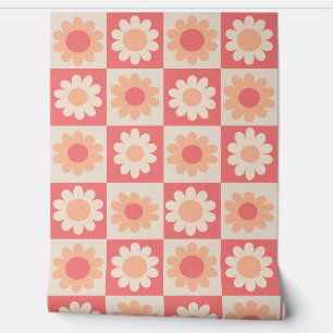 Papier Peint motif de fleurs rétro À damiers Peach Fuzz