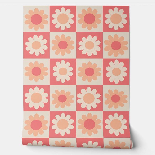 Papier Peint motif de fleurs rétro À damiers Peach Fuzz (Déroulement)