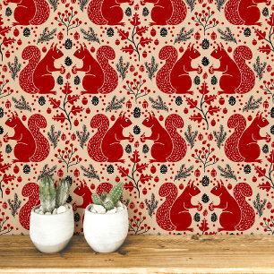 Papier Peint Motif de forêt boisée aux écureuils