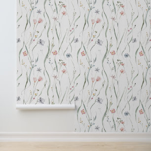 Papier Peint Motif de prairie Fleur sauvage rose gris neutre