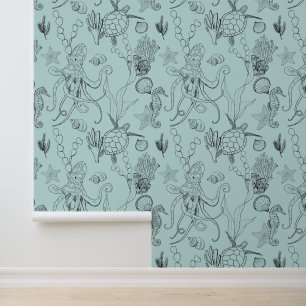 Papier Peint Motif de vie marine en noir et blanc sur fond sarc