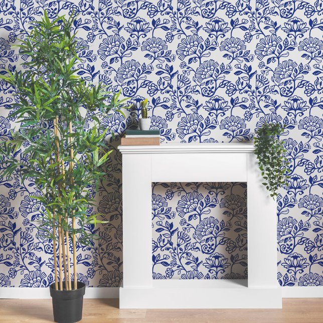 Papier Peint Motif décoratif grec bleu floral (Decorative Ornate Greek Blue Floral Line Pattern Wallpaper)