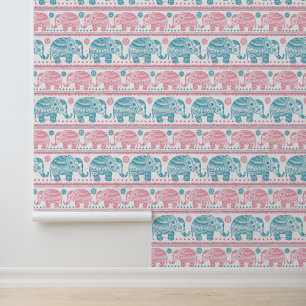 Papier Peint Motif d'éléphants ethniques rose et Turquoise