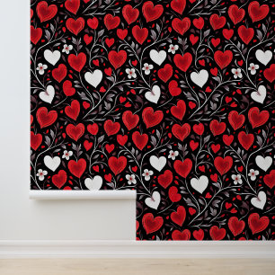 Papier Peint Motif des Coeurs et Fleurs rouges, noirs et blancs