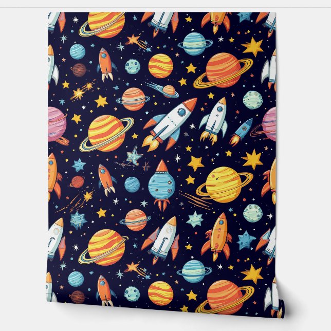 Papier Peint Motif d'exploration spatiale coloré (Déroulement)
