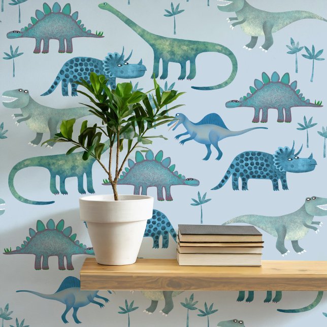 Papier Peint Motif Dinosaur amusant Bleu (Dinosaur Tyrannosaurus Rex Stegosaurus triceratops diplodocus blue kids peel and stick wallpaper)