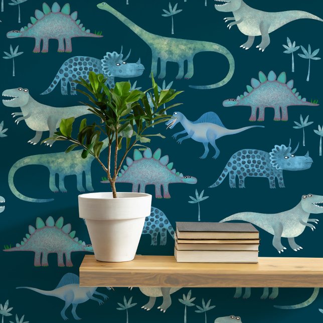 Papier Peint Motif Dinosaur amusant Turquoise Vert (Dinosaur Tyrannosaurus rex, stegosaurus, triceratops diplodocus teal green peel and stick wallpaper)
