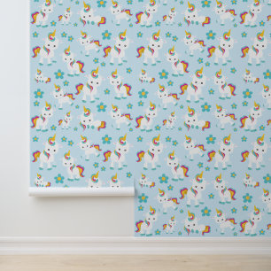 Papier Peint Motif D'Unicornes, De Mignons Unicornes, Fleurs