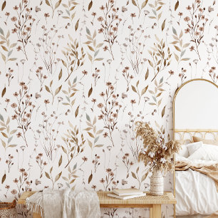 Papier Peint Motif Élégant de Fleurs Sauvages Brunes et Feuille