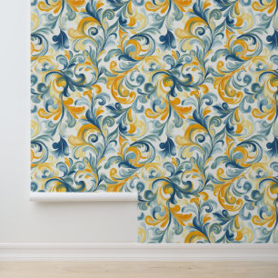 Papier Peint Motif feuille bleu et or Paisley