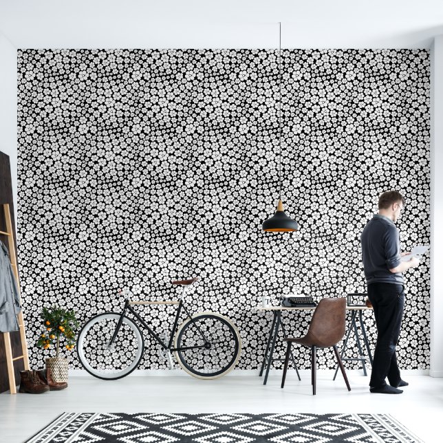 Papier Peint Motif Fleur rétro en blanc sur noir (Salon)