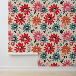 Papier Peint Motif Fleur Rétro Rouge Orange Bleu
