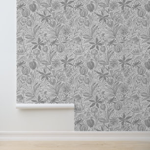 Papier Peint Motif floral Argent nuances de gris Impression