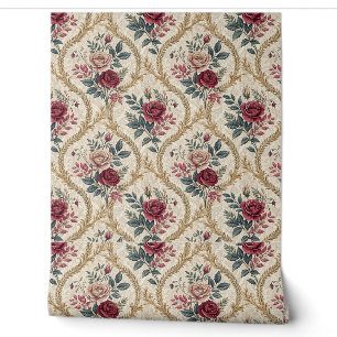 Papier Peint Motif floral baroque orné damassé vintage de rose