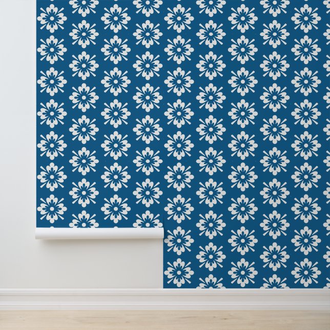 Papier Peint Motif floral blanc sur bleu (Application)