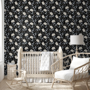 Papier Peint Motif floral bleu et blanc élégant sur fond noir