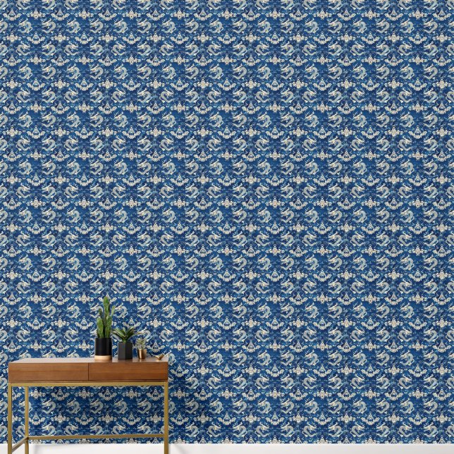 Papier Peint Motif Floral bleu et Dragons chinois (Couloir)