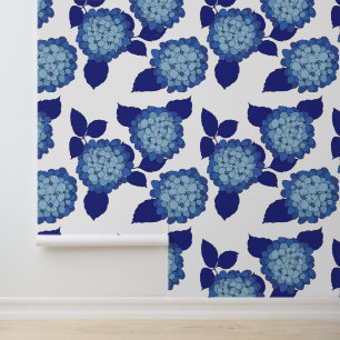 Papier Peint Motif Floral de Hortensias Bleu et Blanc Chic
