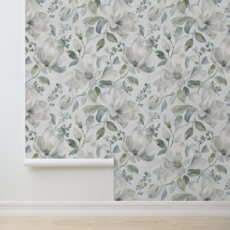 Papier Peint Motif floral de magnolia à l'aquarelle en gris dou