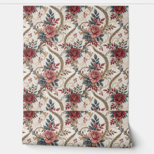 Papier Peint Motif floral de rose et de volutes à la française