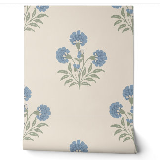 Papier Peint Motif floral de souci bleu sur fond crème chaud