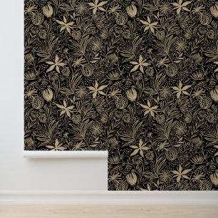 Papier Peint Motif floral Elégante couleur or noir