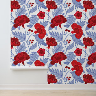 Papier Peint Motif floral indien rouge, blanc et bleu