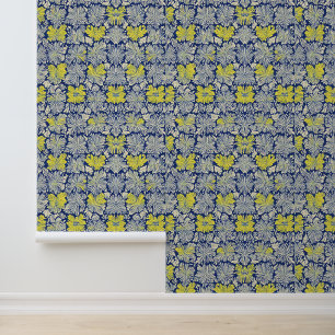 Papier Peint Motif floral jaune et blanc sur bleu marine