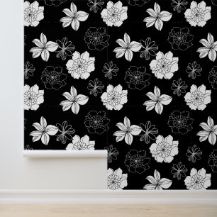 Papier Peint Motif floral noir et blanc