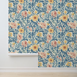 Papier Peint Motif floral Pastel complexe avec feuillage bleu