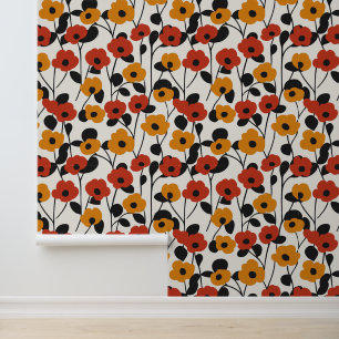 Papier Peint Motif floral rétro en gras rouge, orange et noir