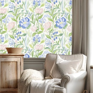 Papier Peint Motif floral rose bleu pastel