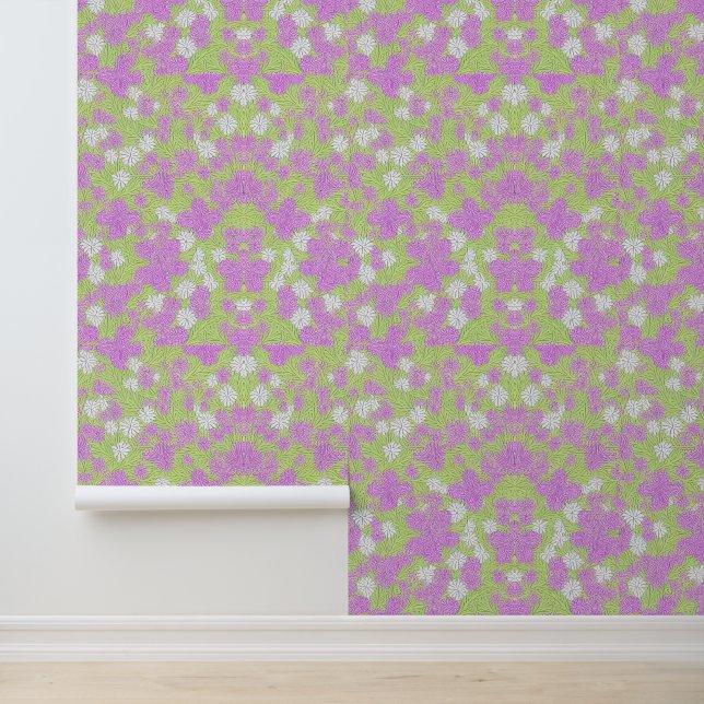 Papier Peint Motif floral rose et blanc sur vert clair (Application)